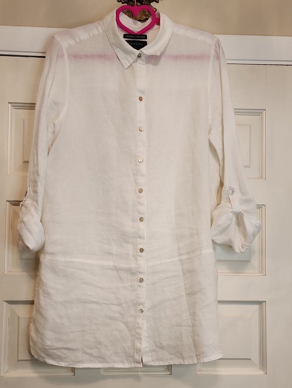 TAHARI Linen Button-Front Tunic Shirt - White Side Slits 9" Long Roll Up Sleeves